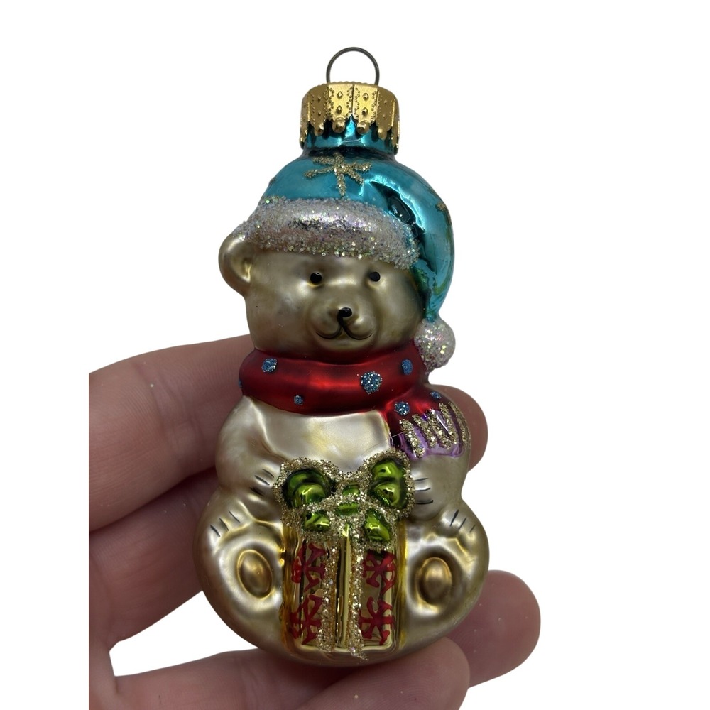 Vtg Mercury Glass Christmas Ornaments Bear Blue Hat Holding Gifts Silver